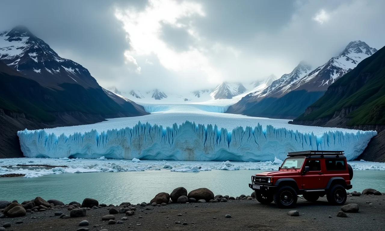 Glaciar Perito Moreno e veículo 4x4 na Patagônia.