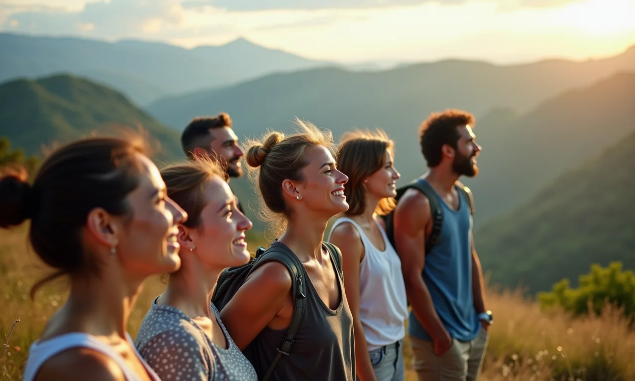 Grupo de amigos apreciando a vista em trilha 4x4 em Caconde, sem crianças presentes.