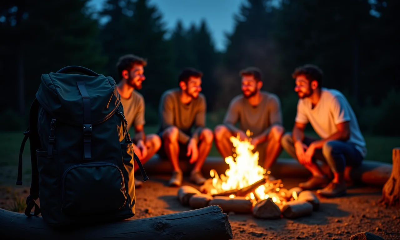 Grupo de amigos em volta de uma fogueira com mochila cargueira de 45 litros.