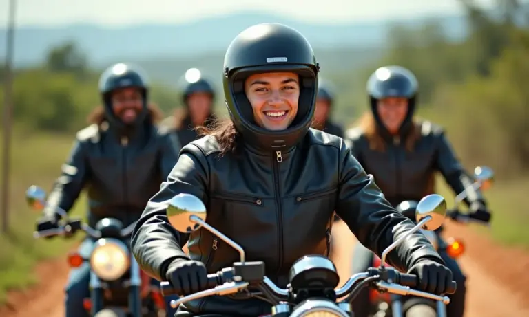 Grupo de amigos motociclistas curtindo a estrada com jaquetas estilosas e seguras.