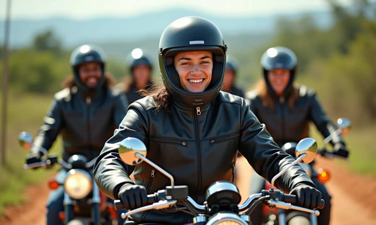 Grupo de amigos motociclistas curtindo a estrada com jaquetas estilosas e seguras.