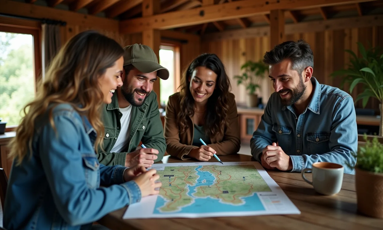Grupo de amigos planejando rota 4x4 em mapa, em casa de fazenda aconchegante com decoração estilo Farm Rio.