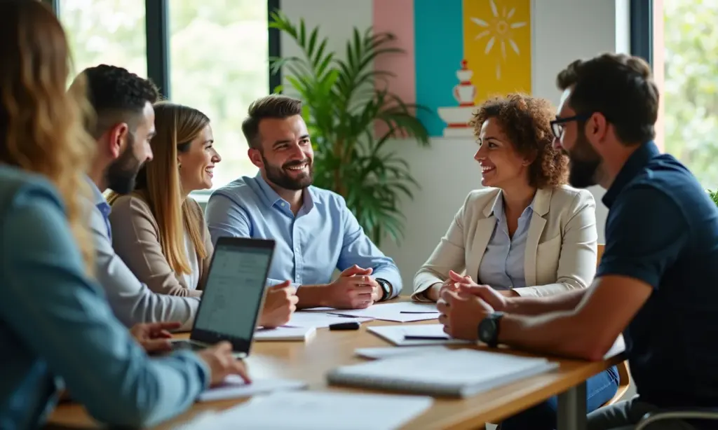 Grupo de pessoas diversas discutindo o valor de revenda de um carro em um escritório moderno e vibrante.