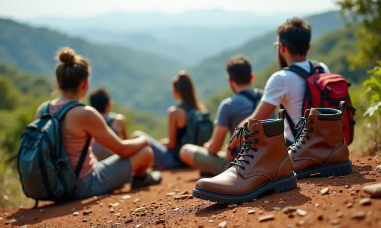 Grupo de pessoas em trilha usando diferentes modelos de botas Bull Terrier.