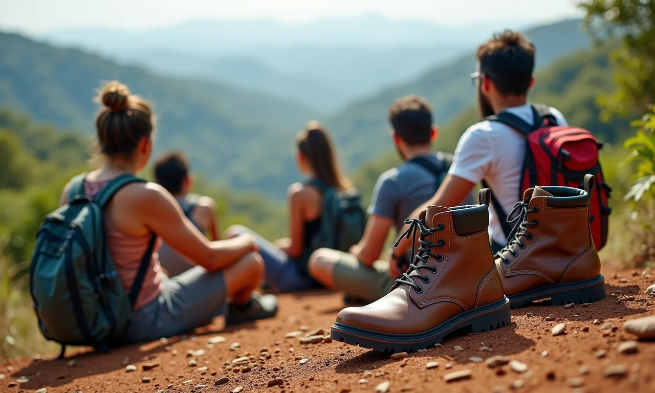 Grupo de pessoas em trilha usando diferentes modelos de botas Bull Terrier.