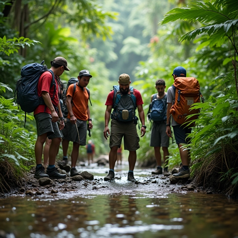 Grupo de trilheiros brasileiros usando purificadores de água portáteis em uma floresta tropical.