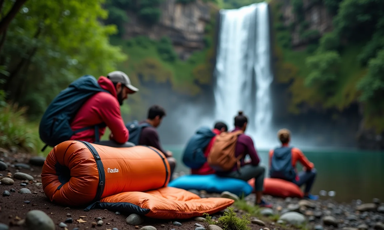 Grupo de trilheiros com saco de dormir Nautika Trilhas perto de cachoeira.