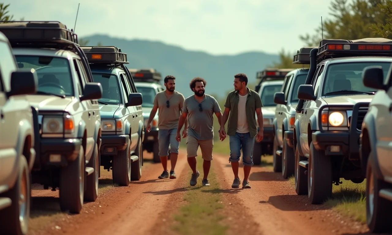 Grupo diversificado de aventureiros brasileiros inspecionando seus veículos 4x4.