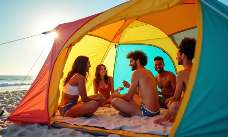 Grupo diverso montando barraca de praia colorida em dia ensolarado.