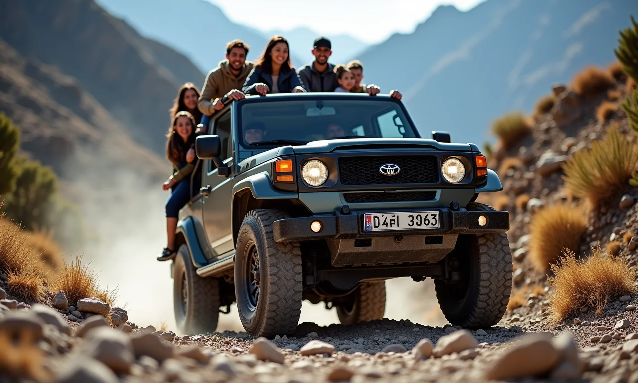 Grupo diverso usando tração 4x4 em terreno rochoso nos Andes.
