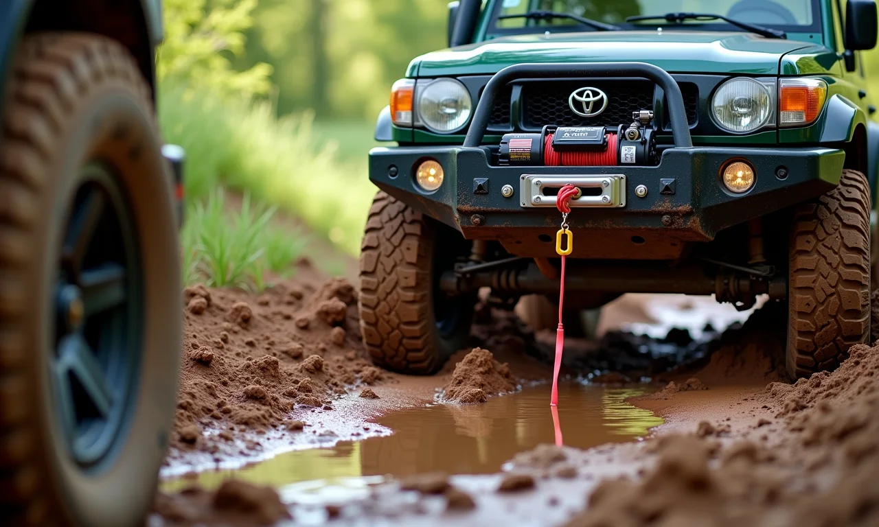 Guincho elétrico puxando veículo 4x4 atolado na lama.