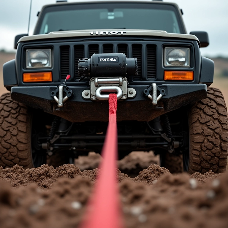 Guincho elétrico puxando veículo 4x4 de atoleiro.