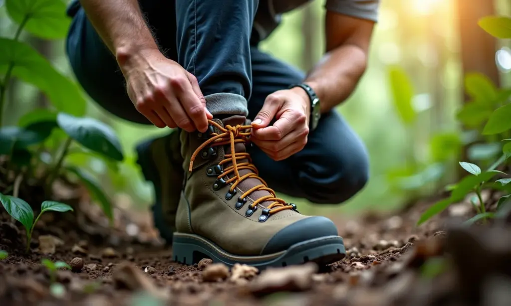 Hiker amarrando bota de trilha resistente na Amazônia.