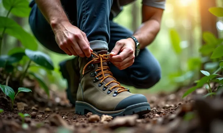 Hiker amarrando bota de trilha resistente na Amazônia.