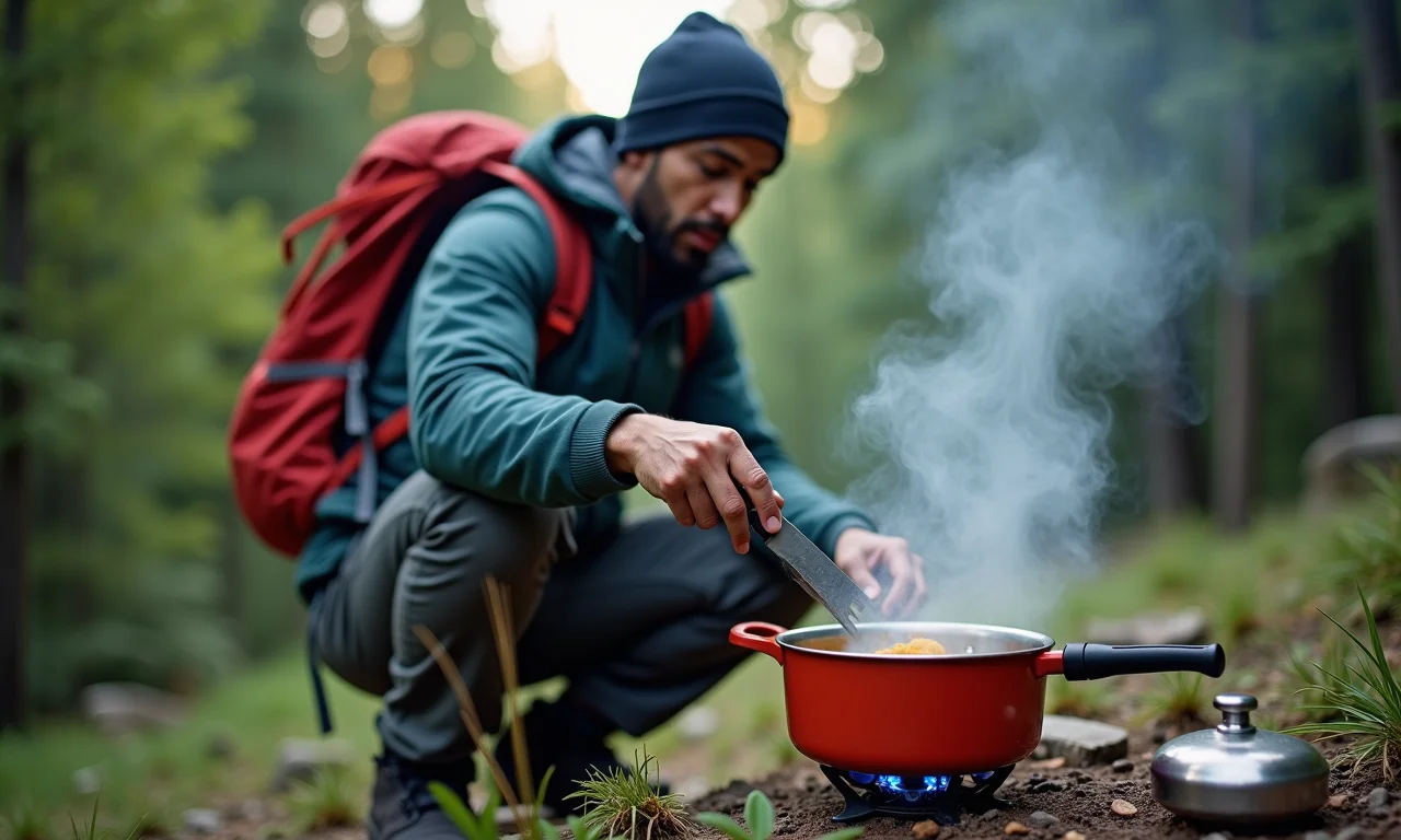 Hiker cozinhando refeição individual em panela de camping.