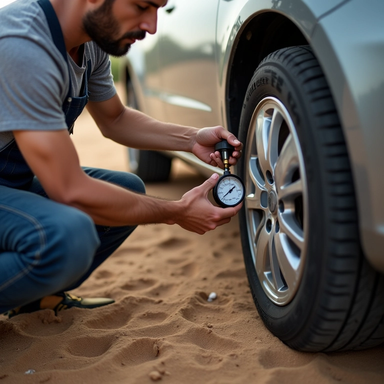 Homem ajustando a pressão dos pneus na areia.