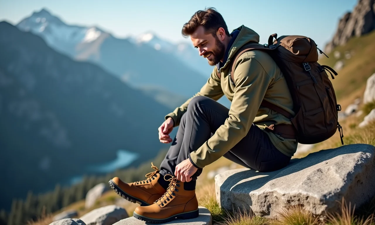 Homem amarrando bota Macboot antes da trilha.