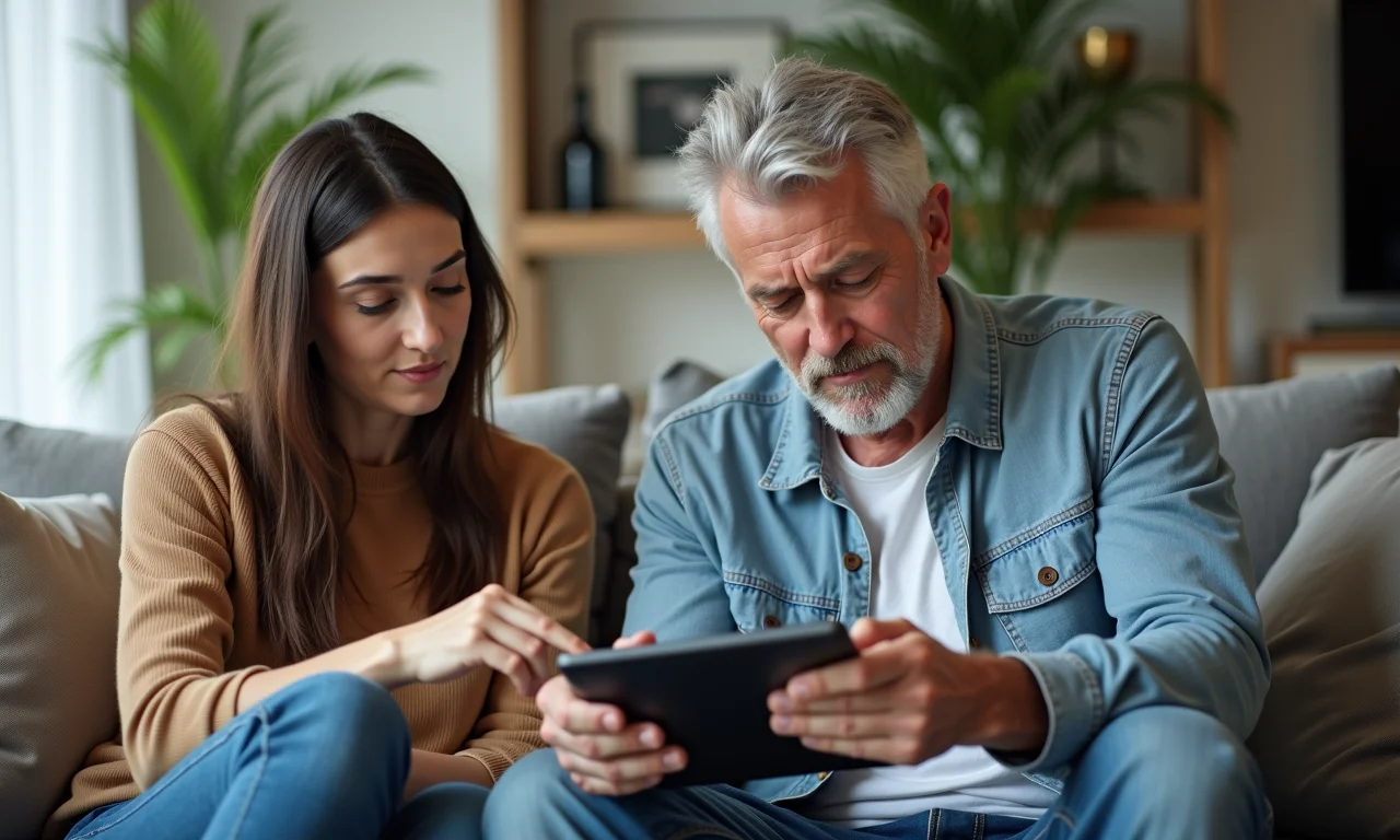 Homem analisando opções de carros em tablet com ajuda, estilo brasileiro.