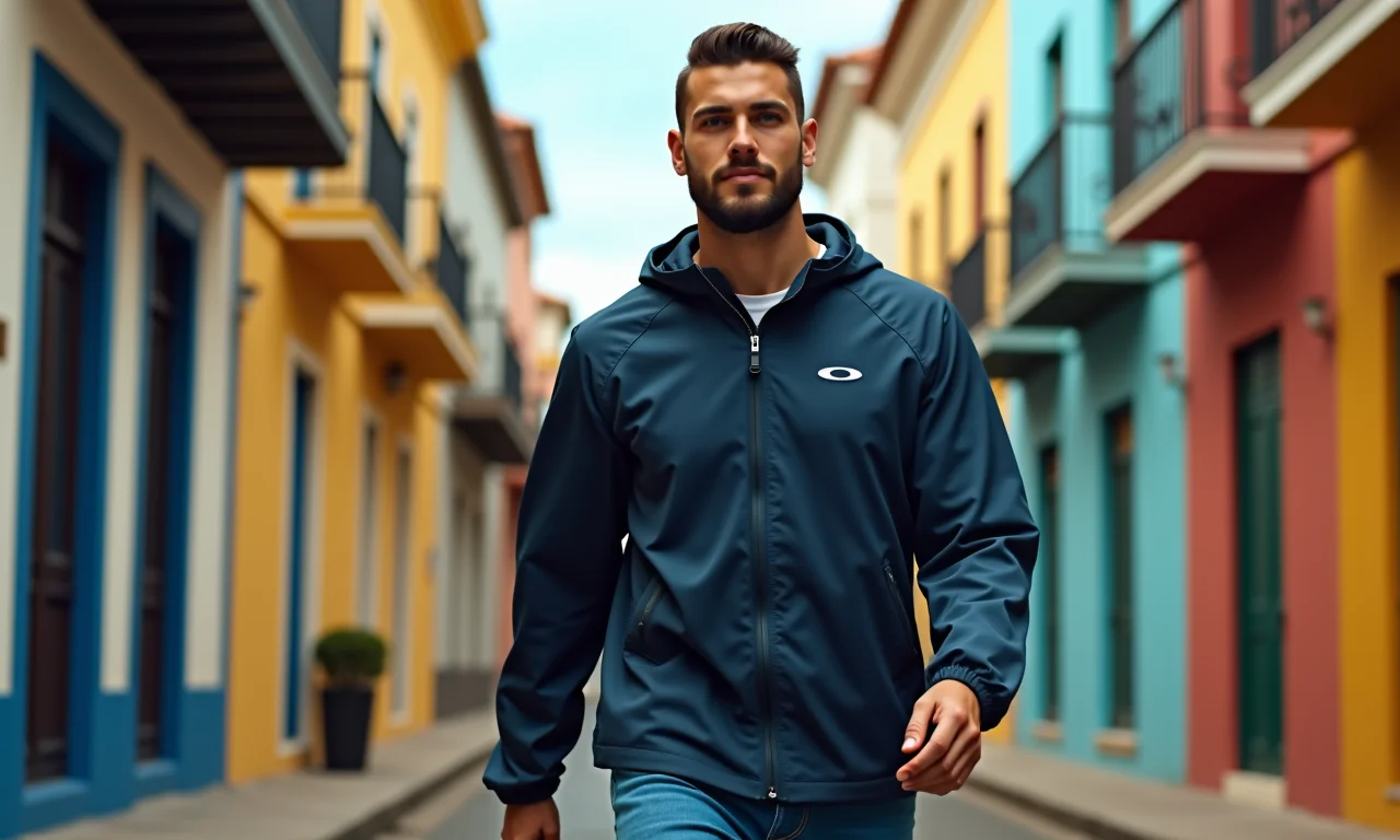 Homem andando em rua do Rio com jaqueta corta-vento Oakley.