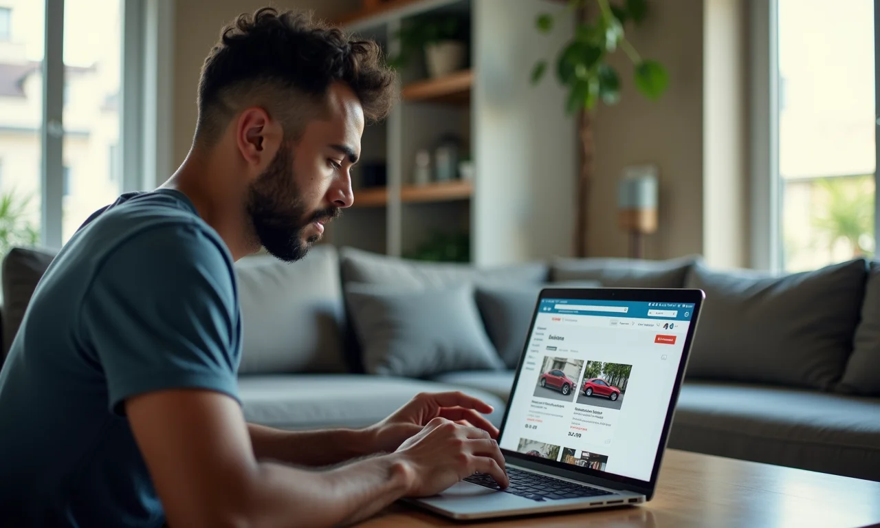 Homem brasileiro pesquisa online por carros financiados, buscando as melhores oportunidades.