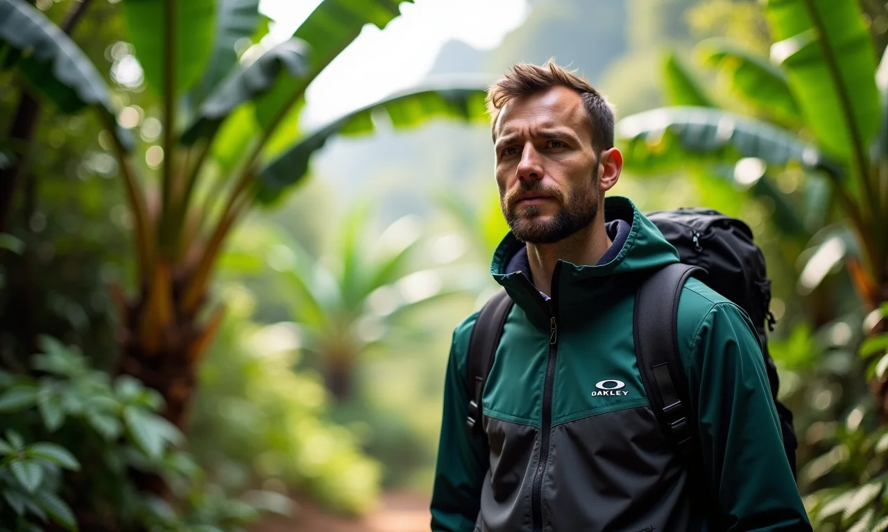 Homem caminhando na floresta com jaqueta corta-vento Oakley.