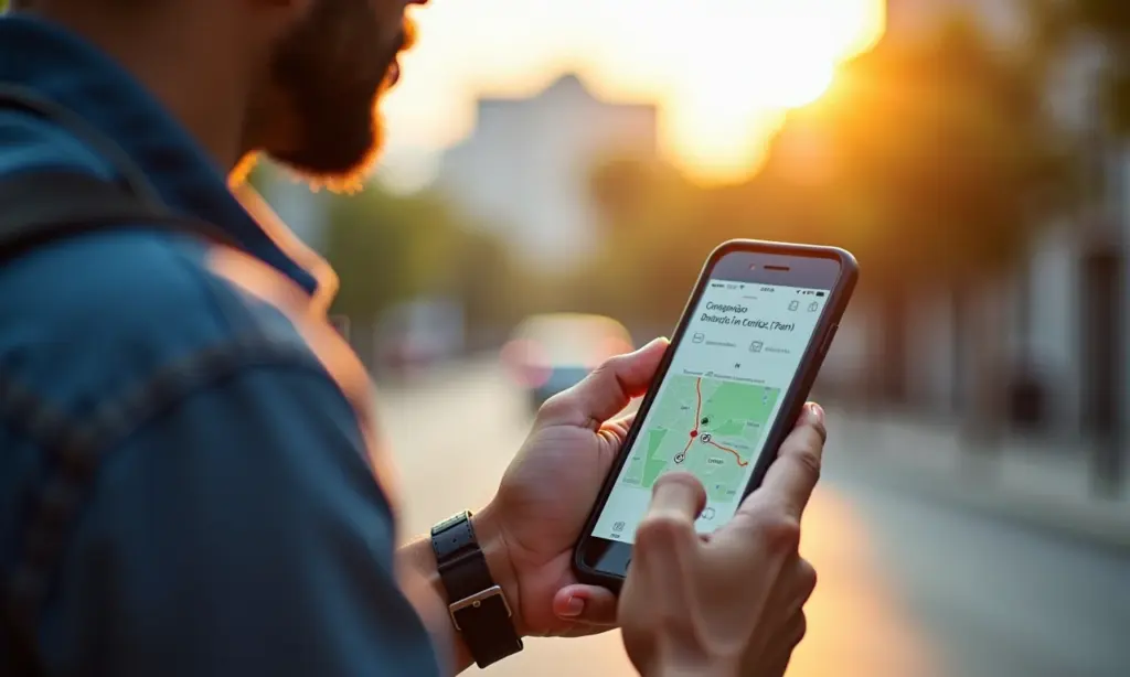 Homem consulta informações do veículo pelo celular.