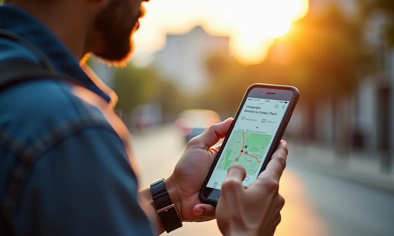 Homem consulta informações do veículo pelo celular.