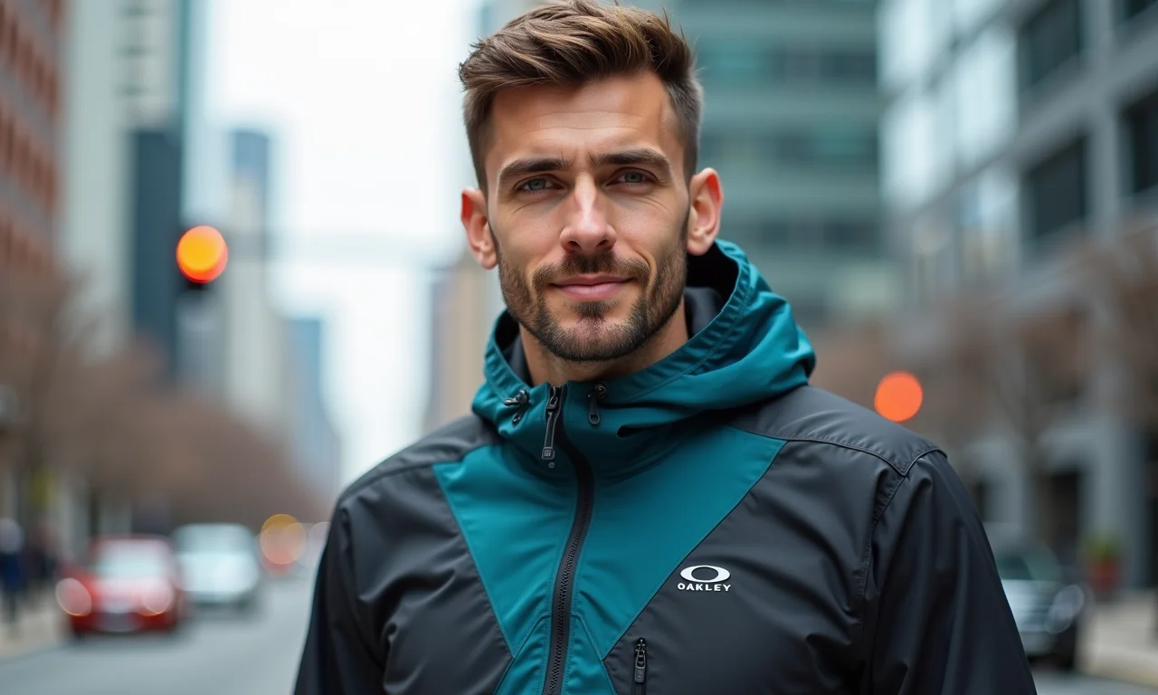 Homem em cenário urbano com jaqueta Oakley TNP TBT.