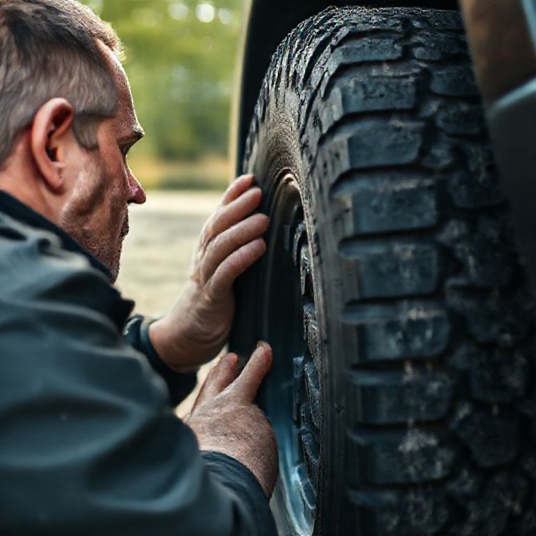 Homem inspecionando os pneus de uma picape 4x4, destacando a importância da escolha.