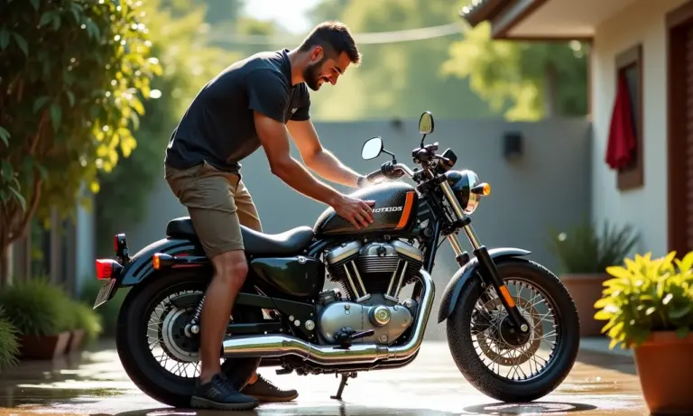 Homem lavando sua moto com cuidado em casa.