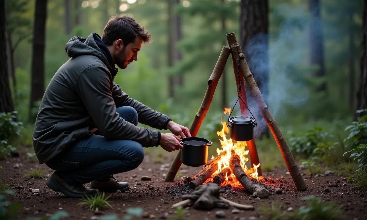 Homem preparando fogo a lenha para cozinhar em acampamento.