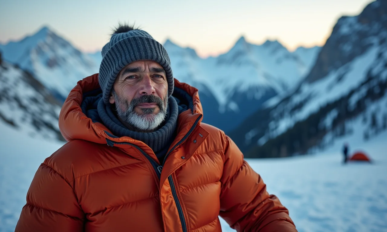 Homem protegido do frio em montanha nevada com saco de dormir Nautika Mummy.