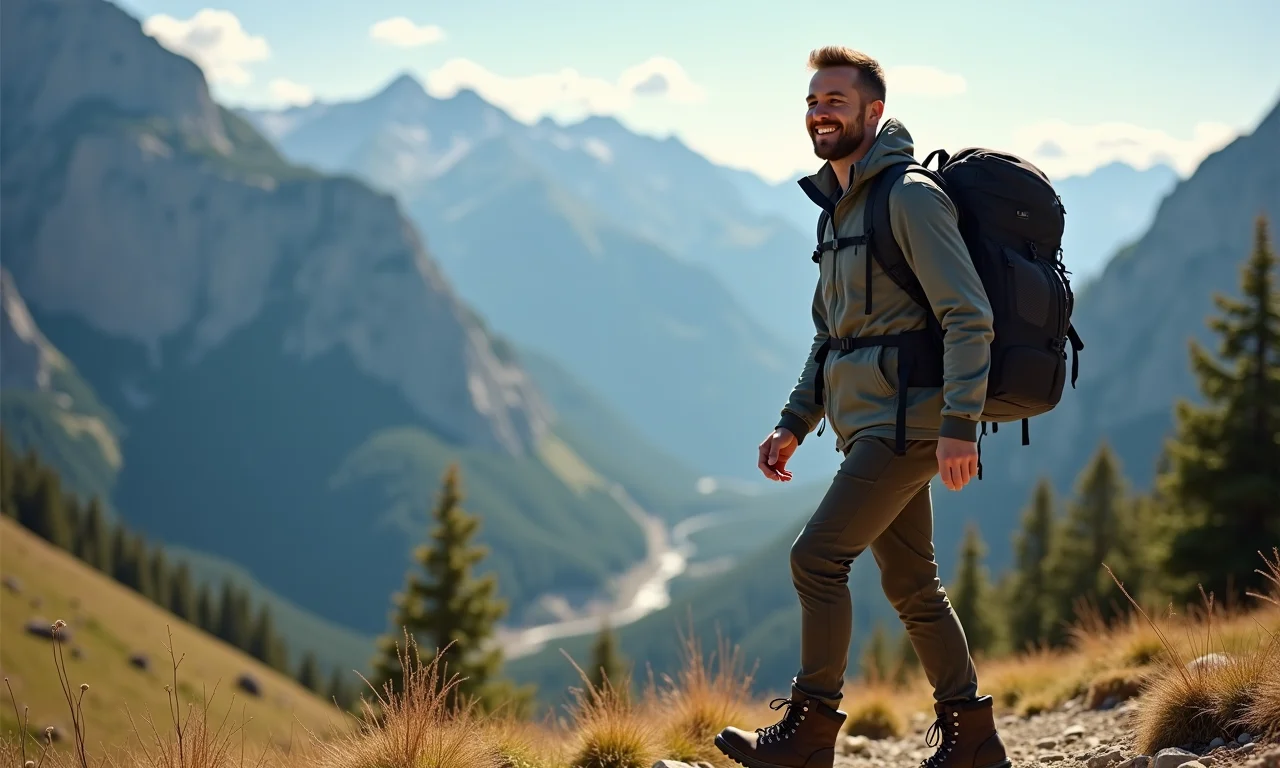 Homem sorrindo usando botas North Face em trilha.
