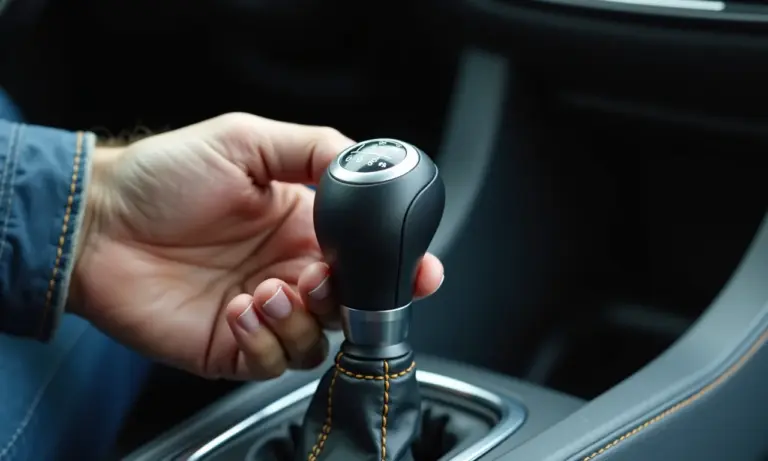 Homem tentando trocar marcha de carro com dificuldade.