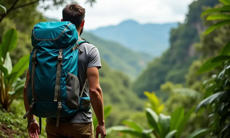 Homem trilhando com mochila cargueira de 80 litros em floresta brasileira exuberante.