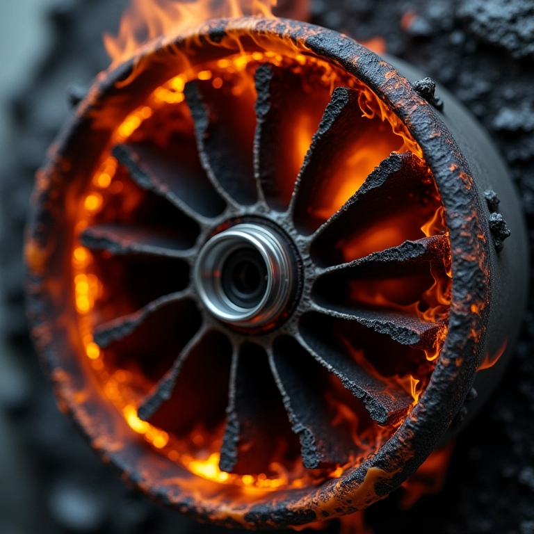 Impeller de turbo danificado, mostrando sinais de superaquecimento.
