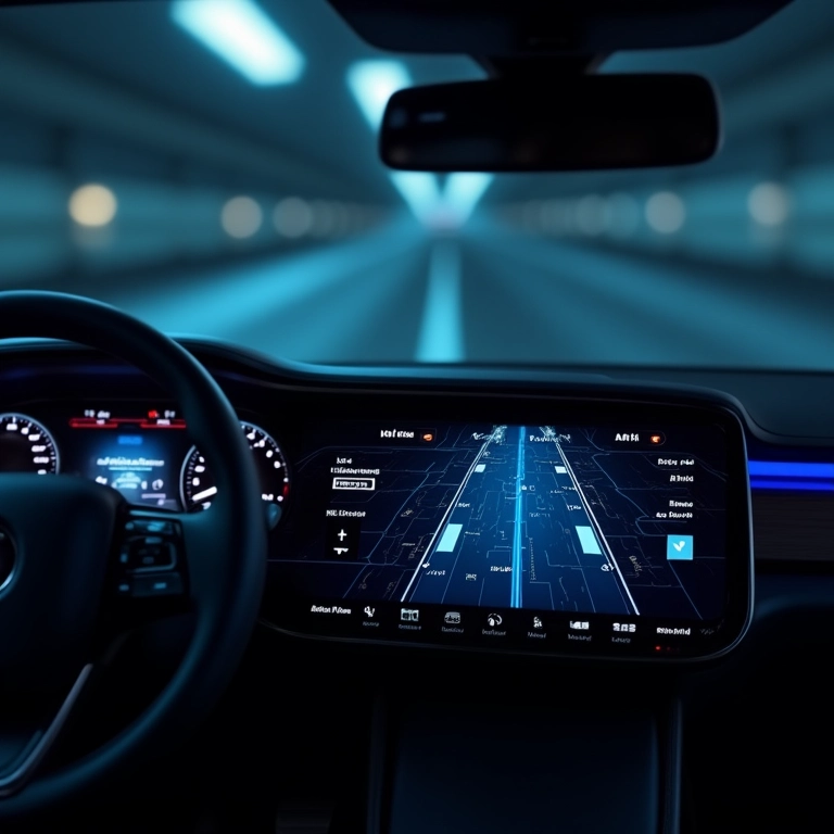 Interface do sistema de computador de um carro processando dados do assistente de faixa.