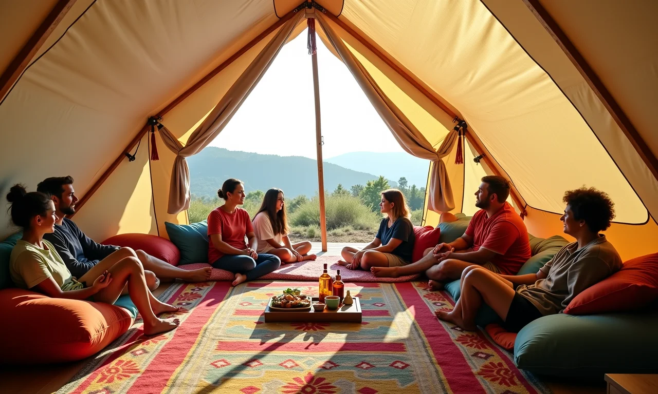Interior da barraca Iglu Familiar Mor, com seis adultos relaxando e equipamentos de camping.
