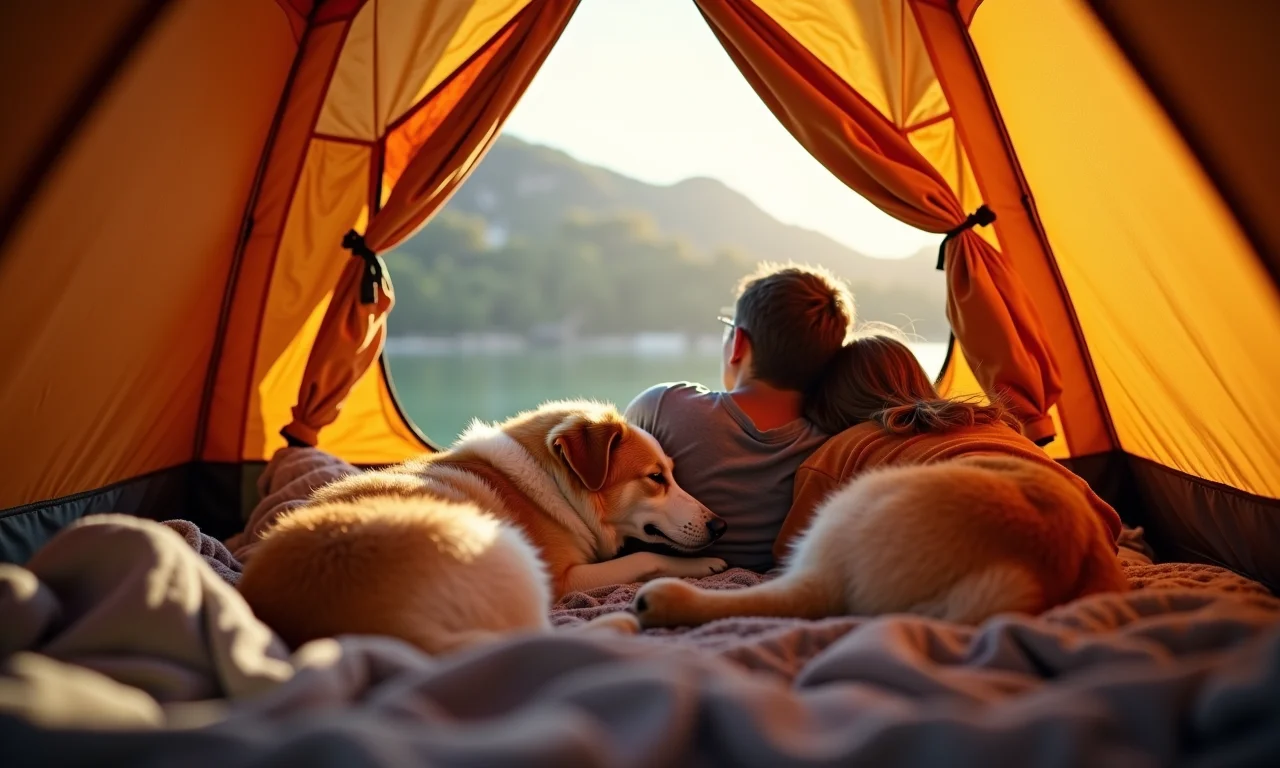Interior de barraca de camping com espaço para casal e cachorro dormindo confortavelmente.