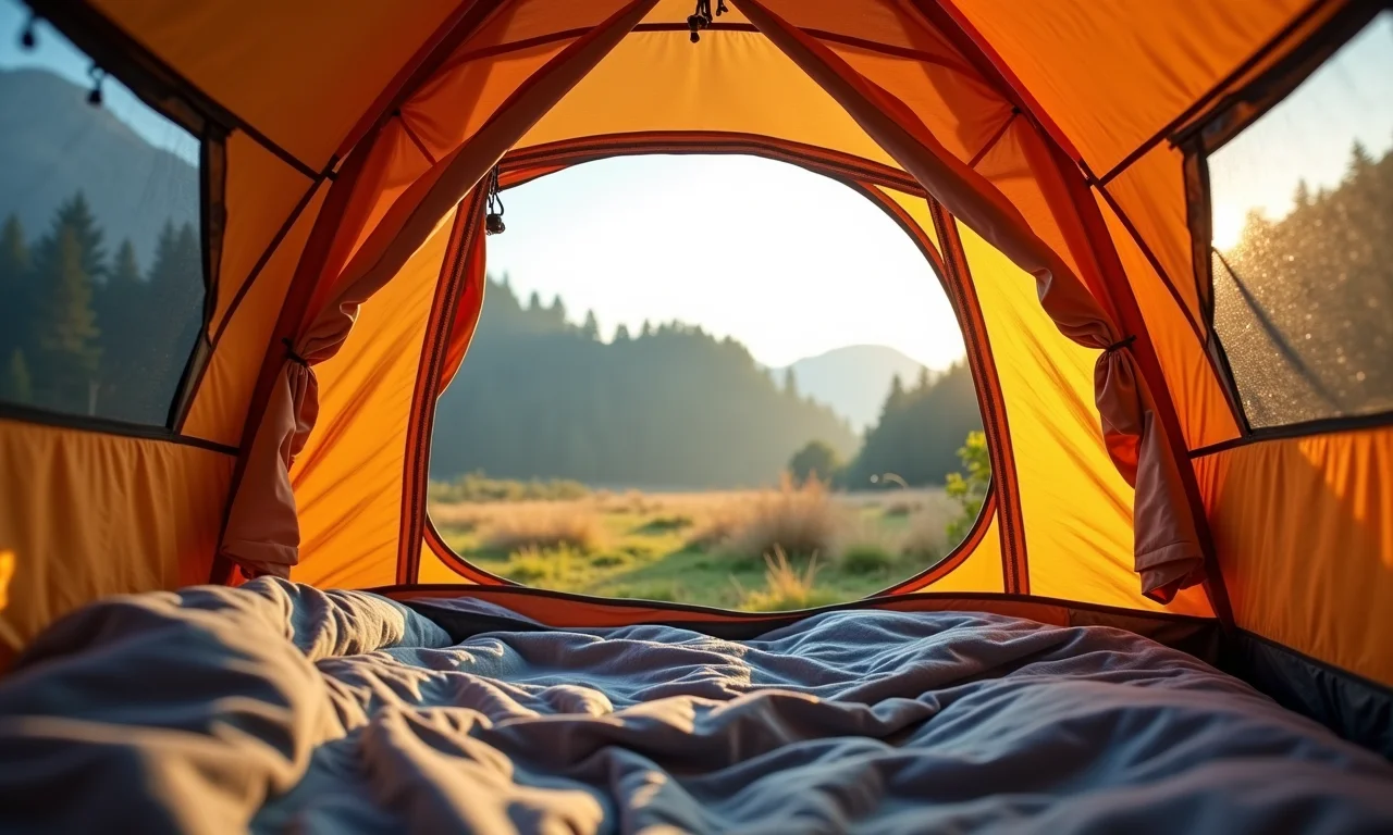 Interior de barraca de camping com excelente ventilação e janelas de tela abertas.