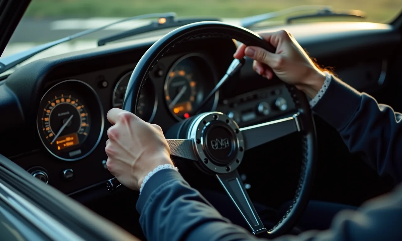 Interior de carro clássico sem automação, foco no motorista atento.