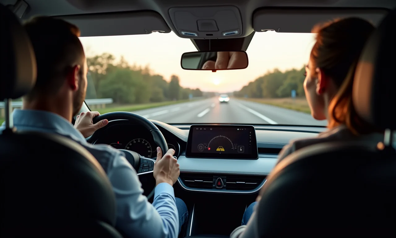 Interior de carro moderno com assistência ao motorista em uso.
