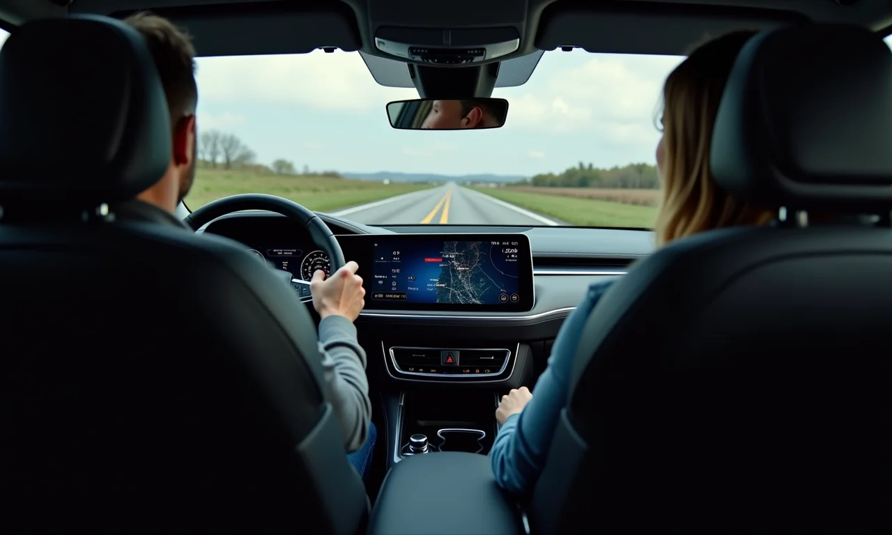 Interior de carro moderno com sistemas avançados de assistência ao motorista (ADAS).