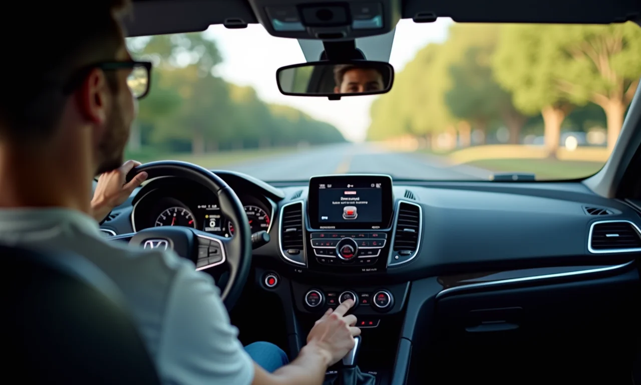 Interior de um carro com o painel mostrando o modo Sport ativado, motor em alta rotação.