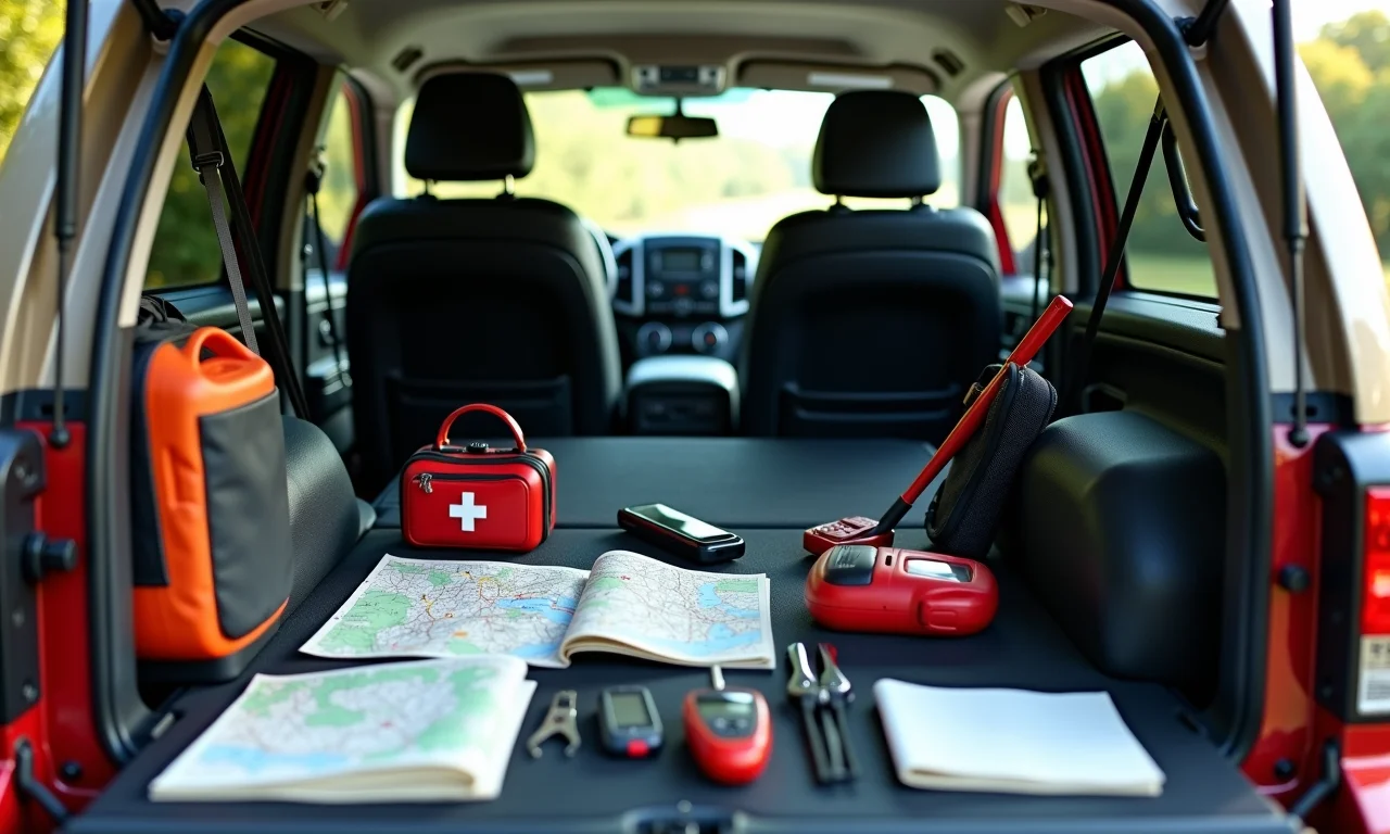 Interior de um veículo 4x4 mostrando equipamentos essenciais para a travessia.