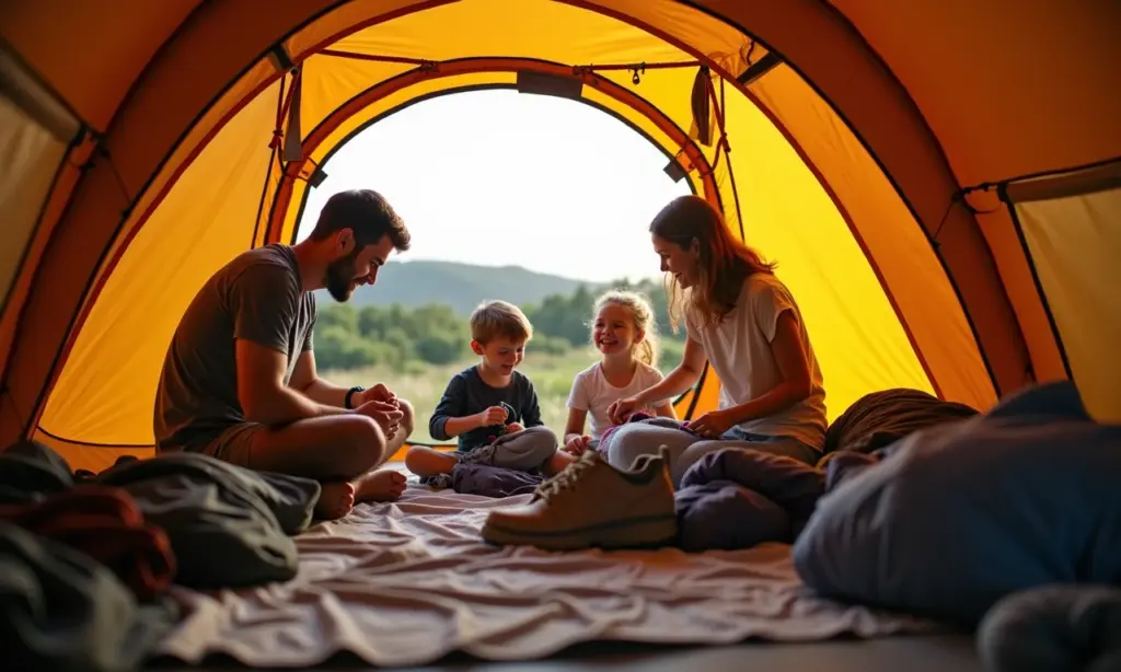 Interior de uma espaçosa barraca de camping familiar com adultos desempacotando equipamentos.