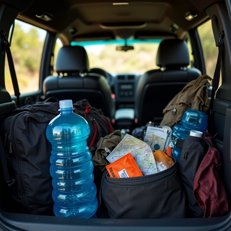Interior de veículo 4x4 com equipamentos para a Trilha do Rio Acima.
