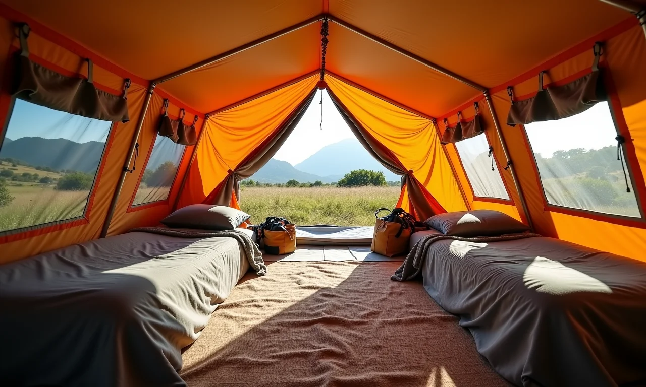 Interior espaçoso de uma barraca de camping familiar, mostrando organização e conforto.