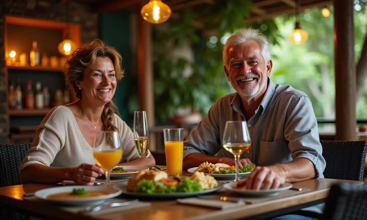 Jantar aconchegante em pousada em Barreirinhas: casal apreciando a culinária local.