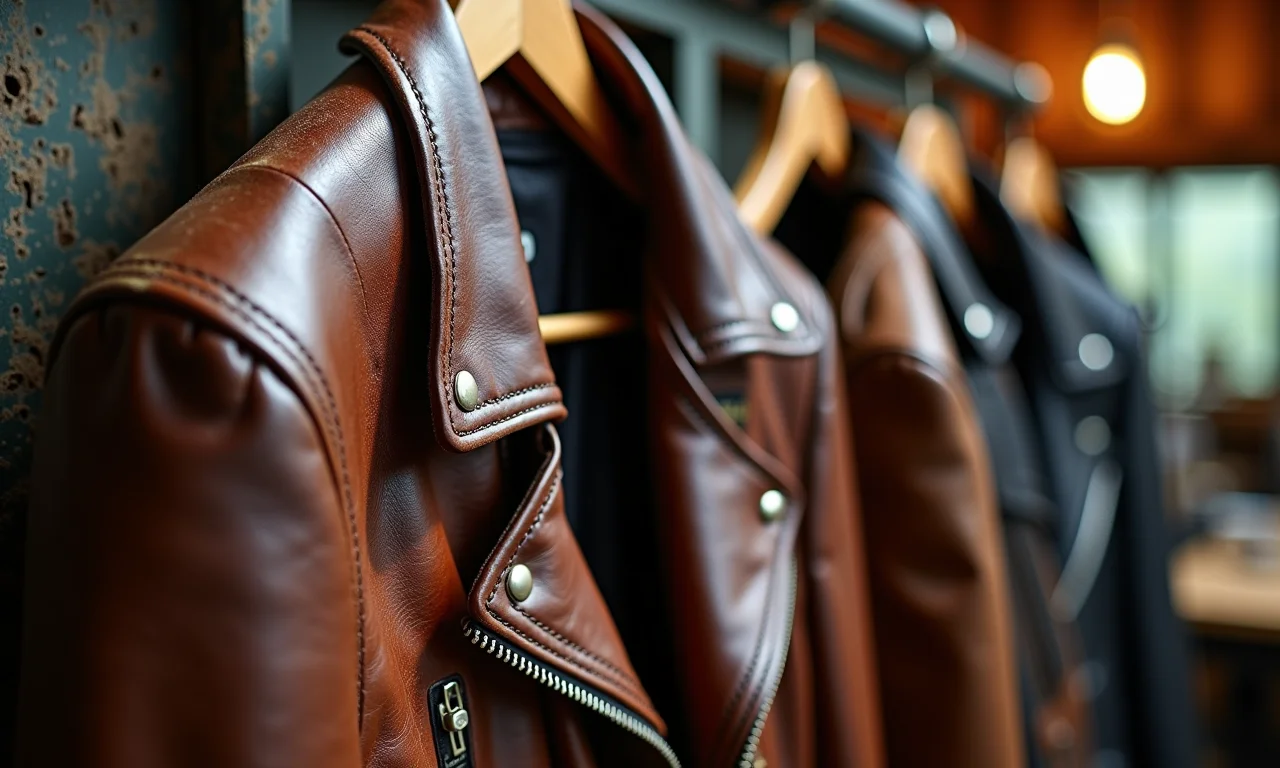 Jaqueta de couro clássica para motociclista, com detalhes e aspecto vintage.